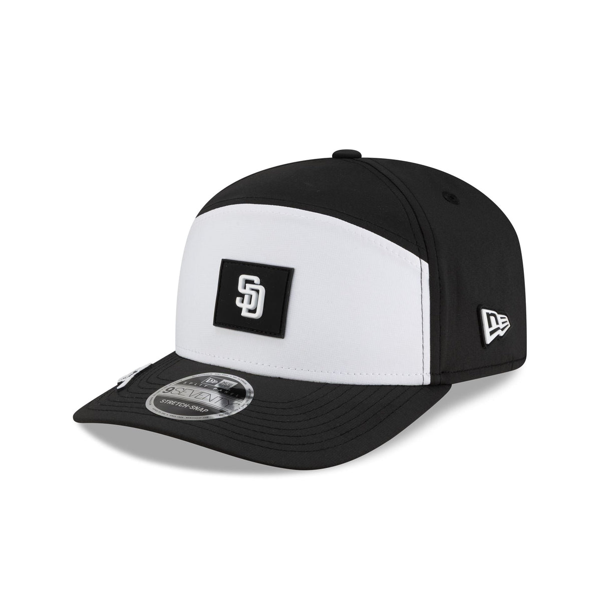 San Diego Padres 2026 Clubhouse Black & White Split Panel 9SEVENTY Stretch-Snap Hat