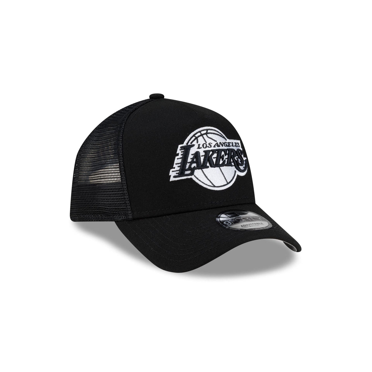 Los Angeles Lakers Side Script Black 9FORTY A-Frame Trucker Hat
