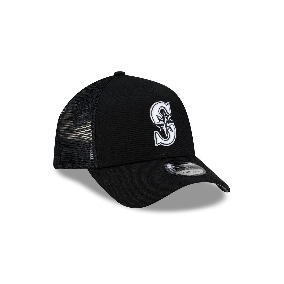 Seattle Mariners Side Script Black 9FORTY A-Frame Trucker Hat