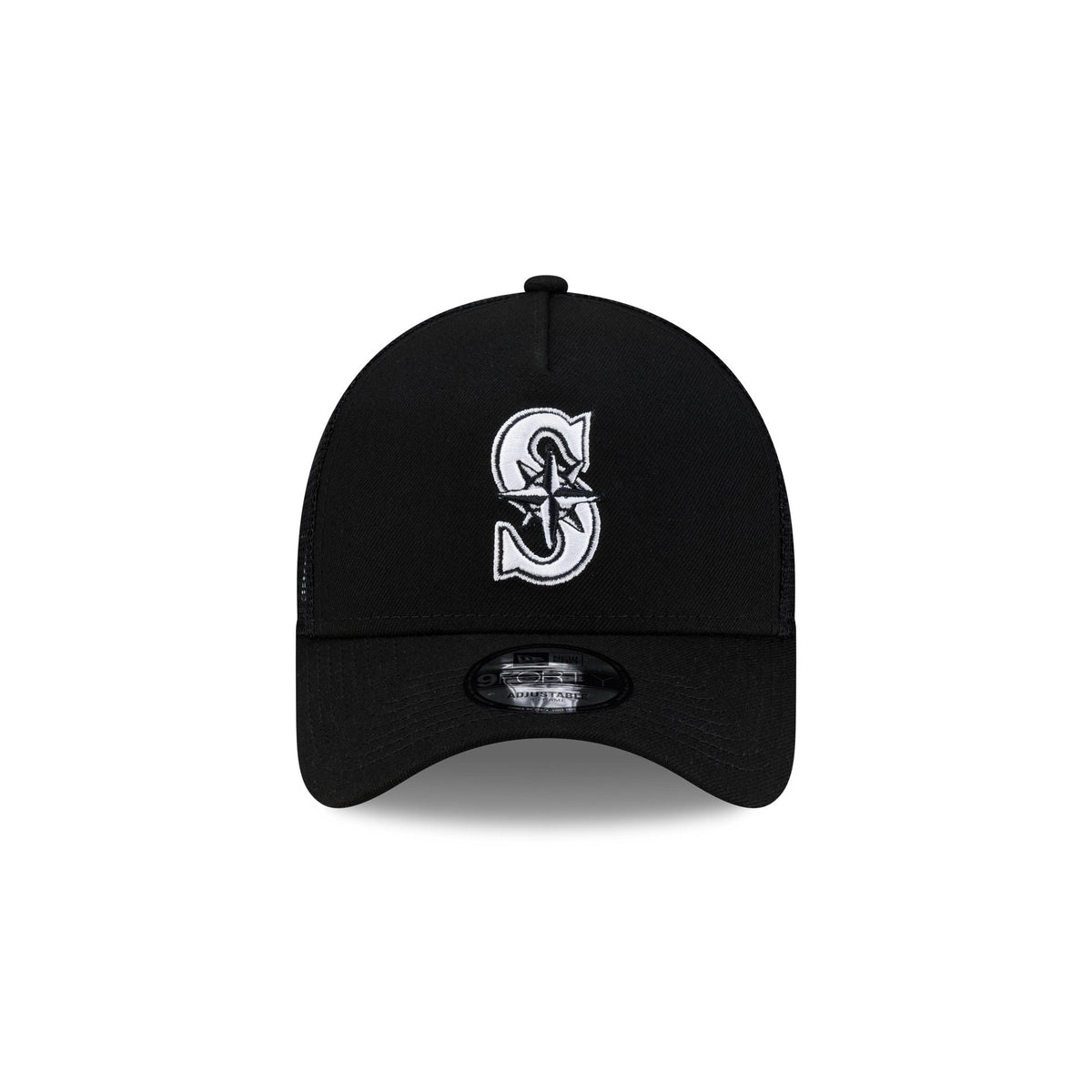 Seattle Mariners Side Script Black 9FORTY A-Frame Trucker Hat
