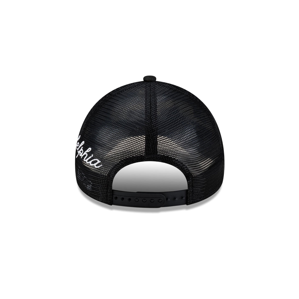 Philadelphia 76ers Side Script Black 9FORTY A-Frame Trucker Hat