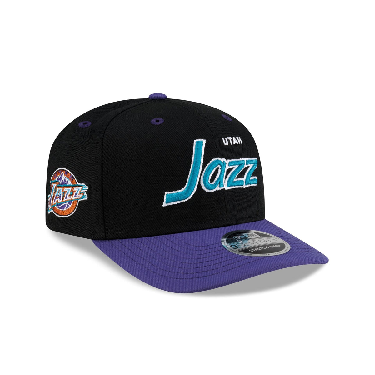Utah Jazz Hardwood Classics 90s Script 9SEVENTY Stretch-Snap Hat